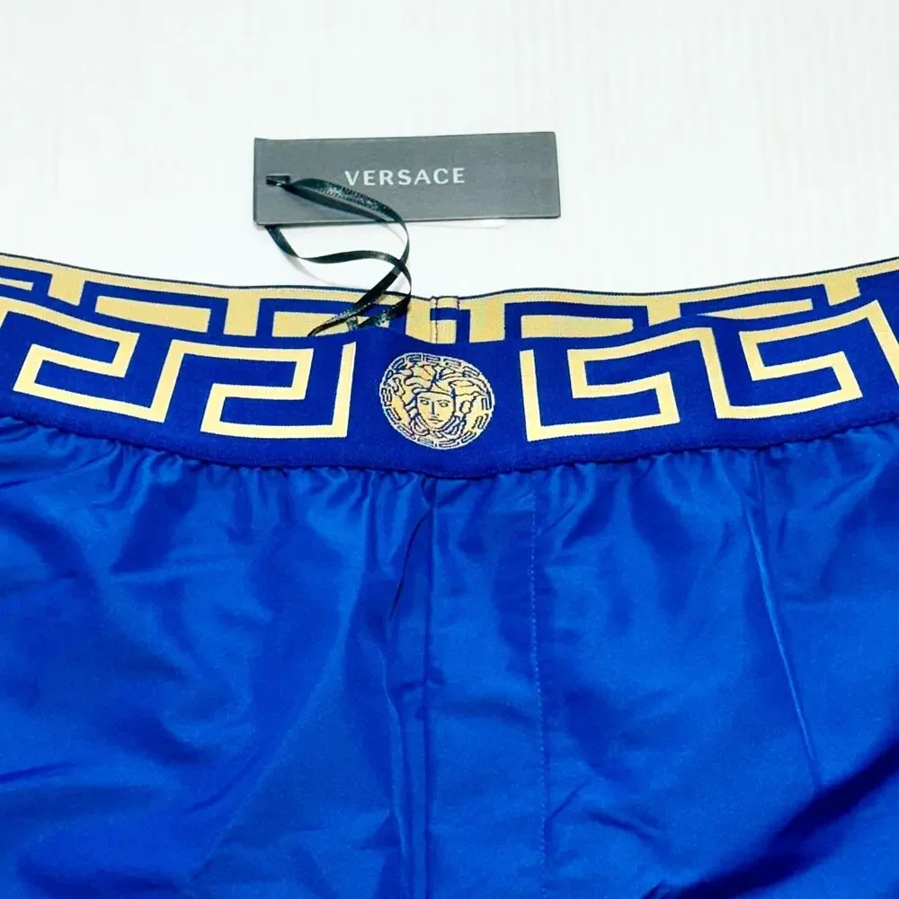 NWT Versace Greca Border Swim Shorts IT 8 US 2XL Blue Medusa Logo Elastic Waist